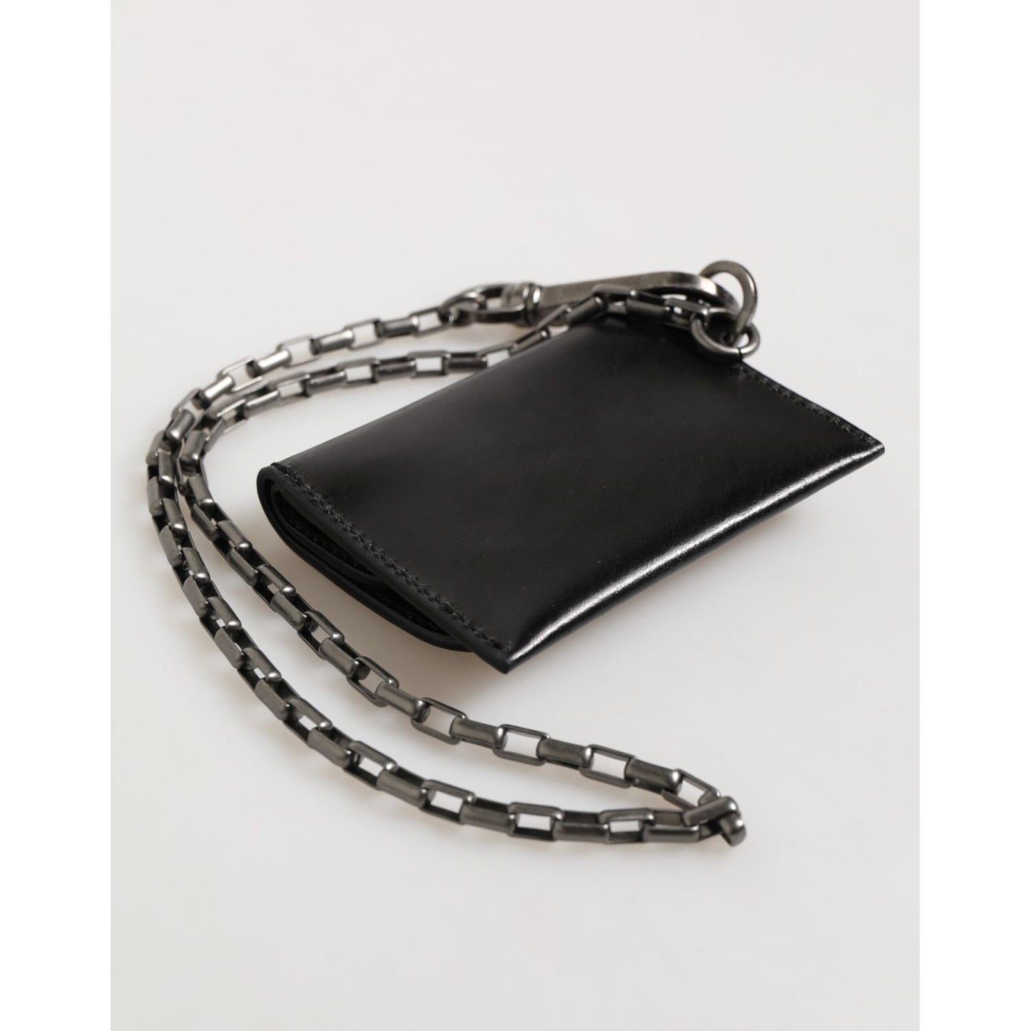 Dolce & Gabbana Black Cavallo Leather Wallet Chain Snap Bifold Card Holder on white background