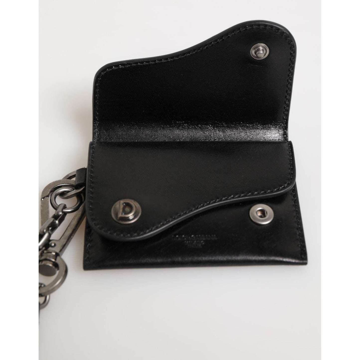 Dolce & Gabbana Black Cavallo Leather Wallet Chain Snap Bifold Card Holder open view with silver-tone chain detail.