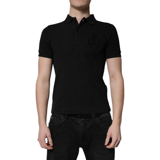 Dolce & Gabbana Black Cotton DG Logo Collared Polo T-shirt, regular fit, short sleeves, front view.