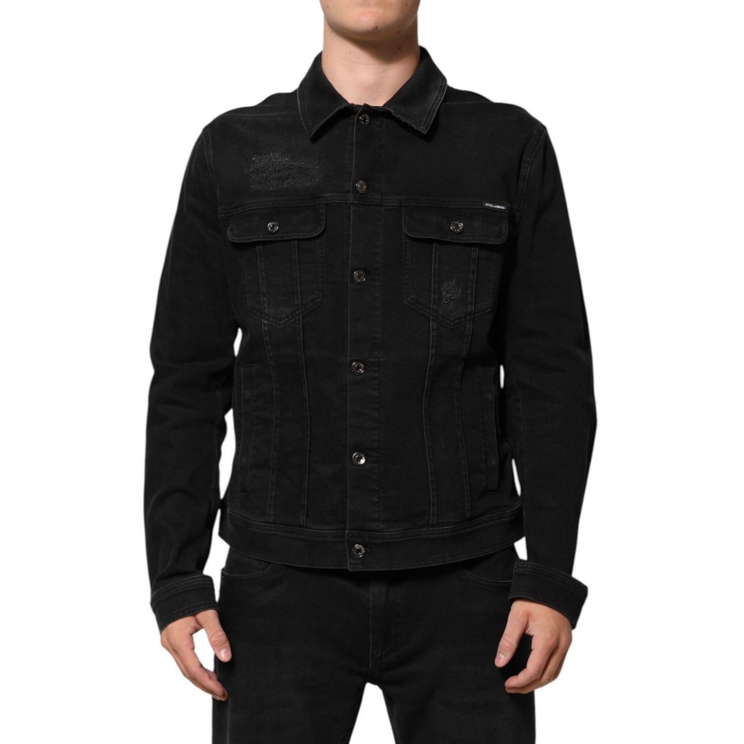 Dolce & Gabbana Black Cotton Denim Stretch Button Up Jacket with chest flap pockets and logo details, made in Italy.