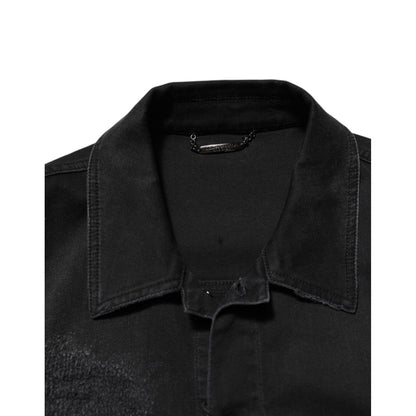 Dolce & Gabbana Black Cotton Denim Stretch Button Up Jacket collar detail