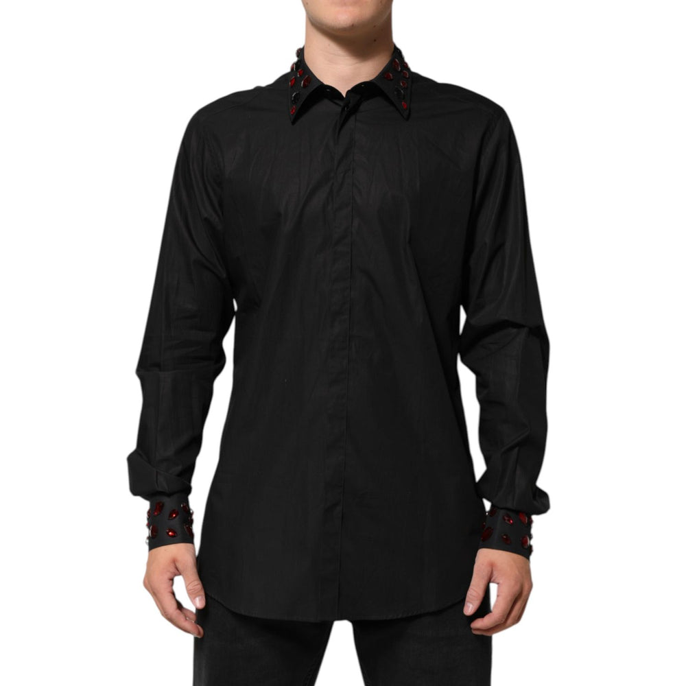 Dolce & Gabbana Black Cotton Embellished Collar Men’s Shirt with red detailed cuffs