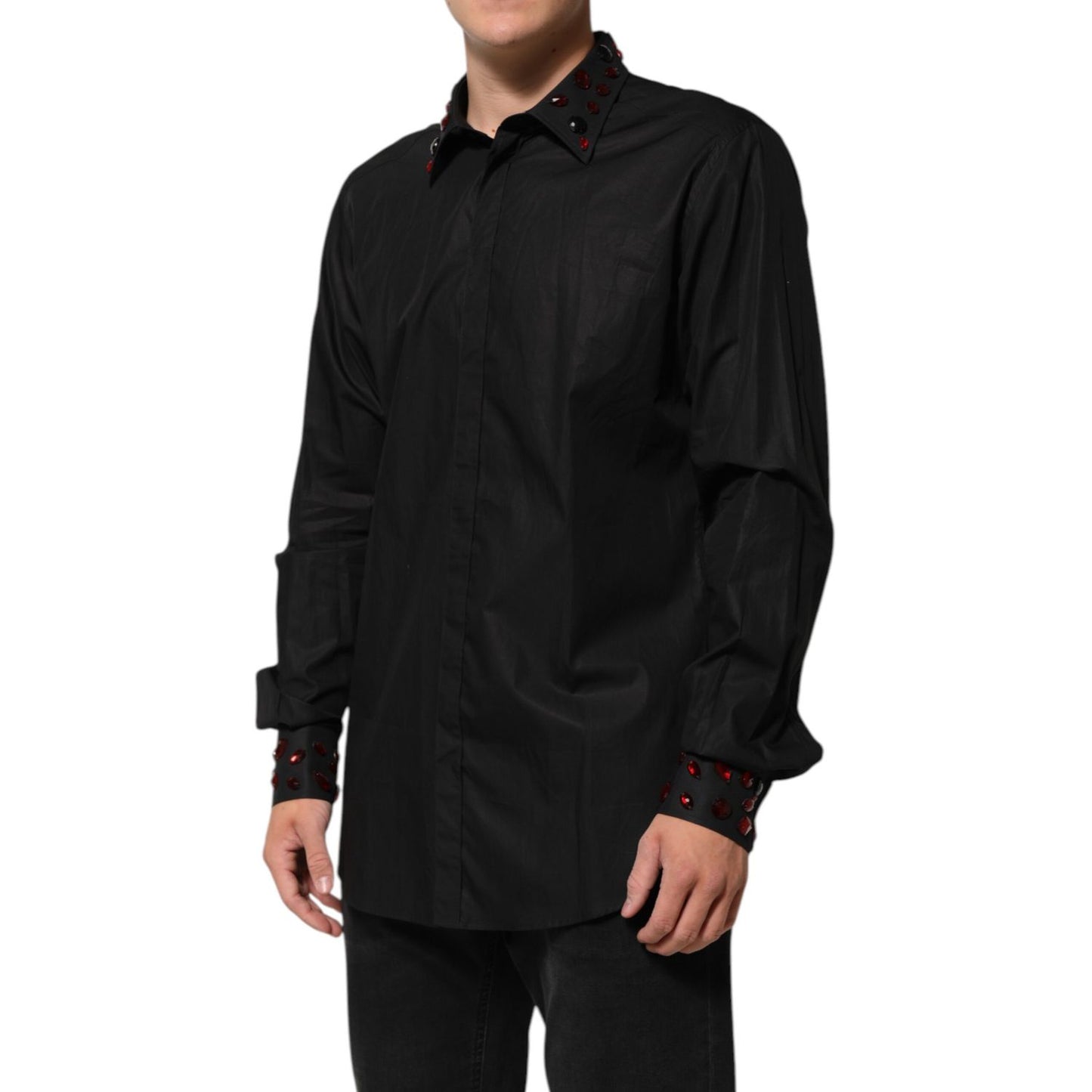 Dolce & Gabbana Black Cotton Embellished Collar Men’s Shirt with red details, model wearing stylish design with button closure.