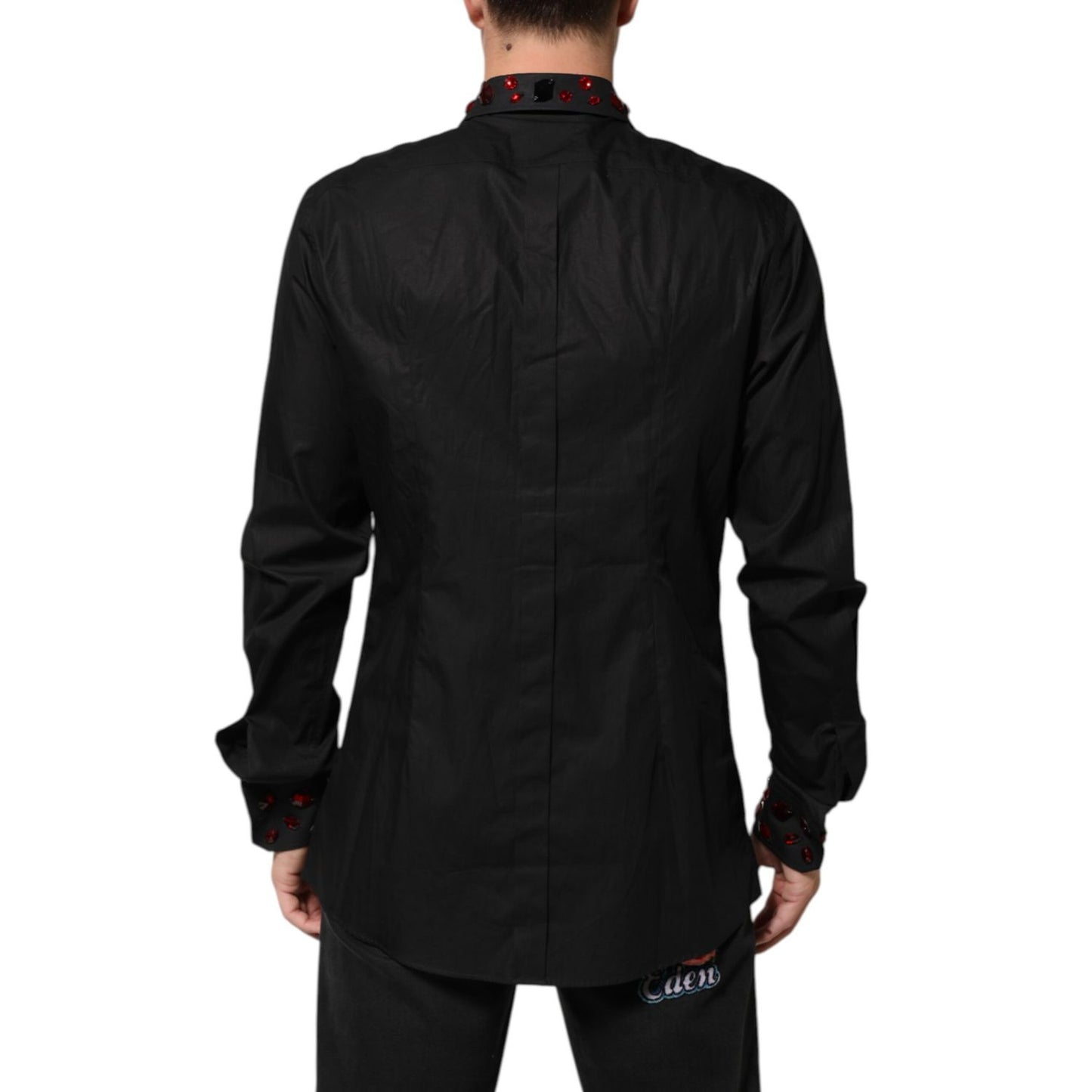 Dolce & Gabbana Black Cotton Embellished Collar Men’s Shirt, back view showcasing red details and premium stitching.