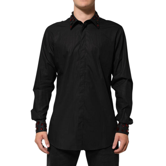 Dolce & Gabbana Black Cotton Embellished Collar Men’s Shirt with red detailed cuffs
