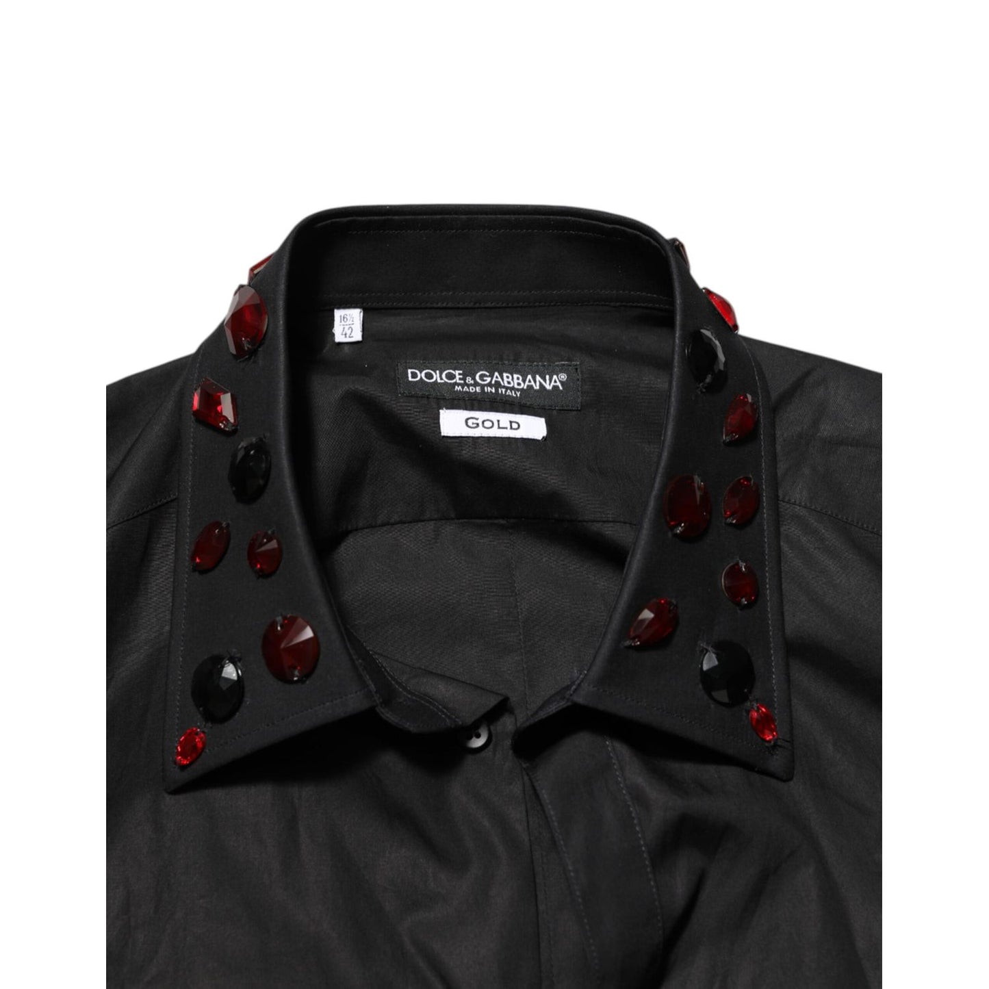 Dolce & Gabbana Black Cotton Embellished Collar Men’s Shirt with red details on collar, showcasing premium fabric and logo.