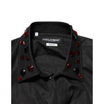 Dolce & Gabbana Black Cotton Embellished Collar Men’s Shirt with red details on collar, showcasing premium fabric and logo.