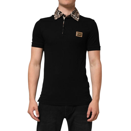 Dolce & Gabbana Black Cotton Leopard Collar Polo T-shirt with logo patch, worn by model.