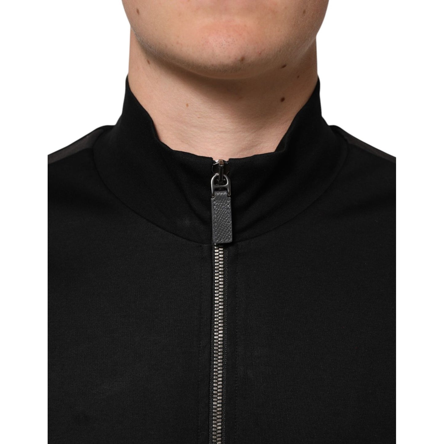 Dolce & Gabbana Black Cotton Logo Full Zip Men Bomber Jacket with zip detail and subtle logo design, close-up view