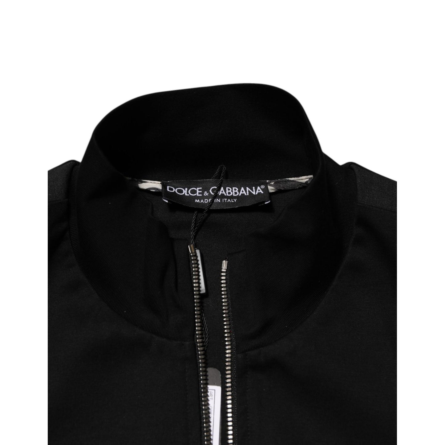 Dolce & Gabbana Black Cotton Logo Full Zip Men Bomber Jacket close-up showing zipper and label, made in Italy, luxury streetwear style.