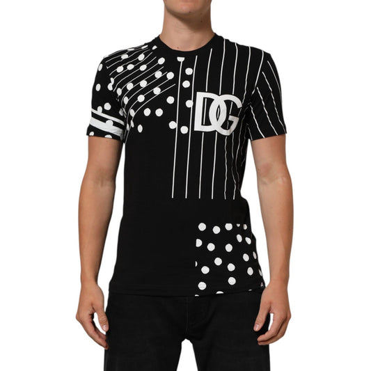 Dolce & Gabbana Black Cotton Polka Dots Round Neck T-shirt with logo design, featuring a stylish and modern look.