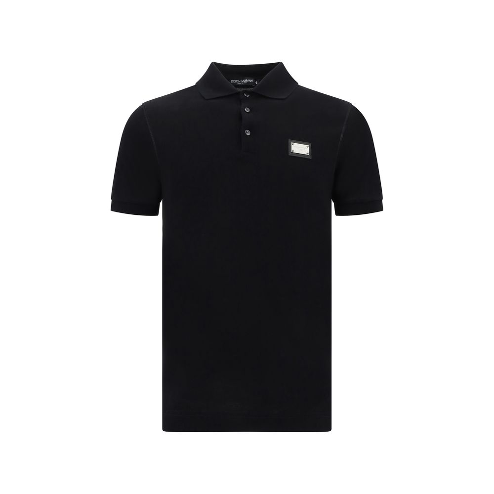 Dolce & Gabbana Black Cotton Polo Shirt with ribbed collar, front buttons, and D&G monogram plaque, made in Italy, AW25 collection.