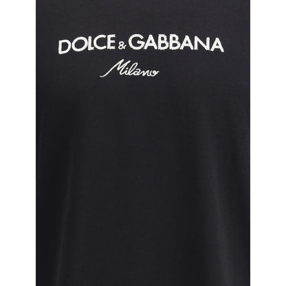 Dolce & Gabbana Black Cotton T-Shirt with contrasting embroidered logo and ribbed crew neck, regular fit, AW25 season.