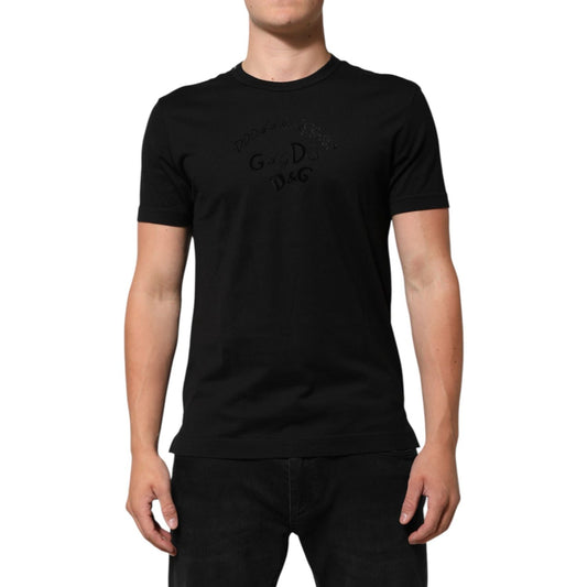 Dolce & Gabbana Black Cotton Velvet Logo Print Men T-shirt featuring a sleek black design with D&G script on chest.