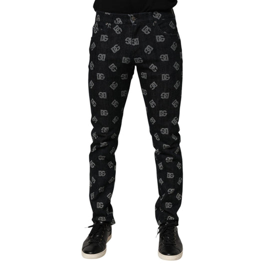 Alt Tag: Dolce & Gabbana Black DG Monogram Cotton Skinny Denim Jeans featuring iconic branding and modern design.