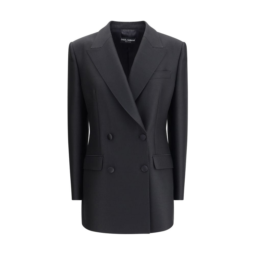Dolce & Gabbana Black Fleece Wool Blazer with peaked lapels, double-breasted design, and four-button closure for elegant style.