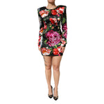 Dolce & Gabbana Black Floral Fiori Pittorici Bodycon Dress with bold multicolor floral pattern, long sleeves, and fitted silhouette.