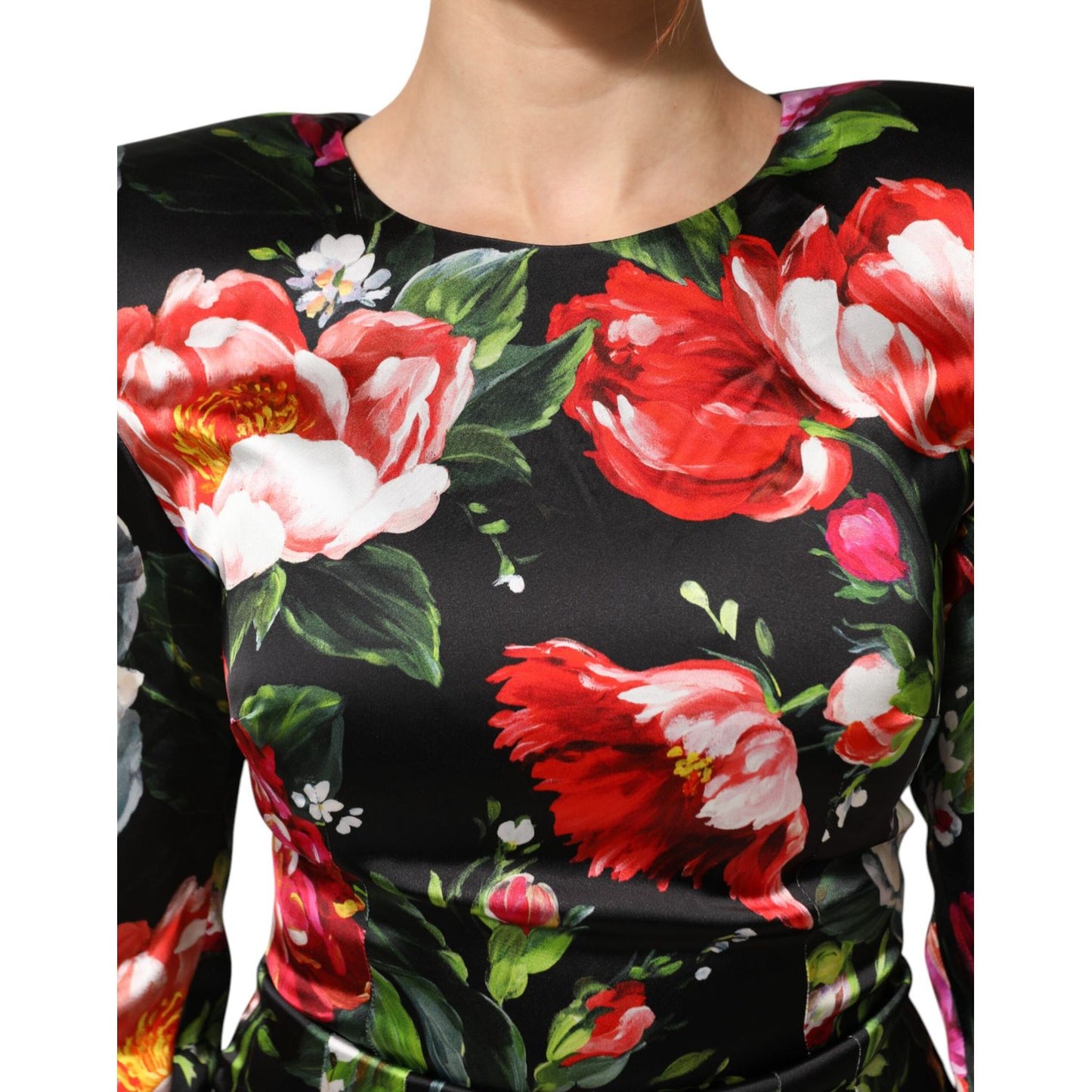 Dolce & Gabbana Black Floral Fiori Pittorici Bodycon Dress with multicolor floral prints and structured shoulders.
