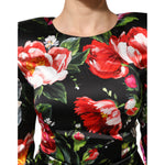 Dolce & Gabbana Black Floral Fiori Pittorici Bodycon Dress with multicolor floral prints and structured shoulders.
