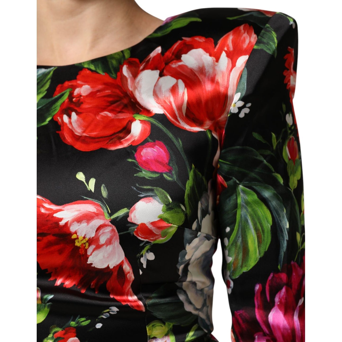 Dolce & Gabbana Black Floral Fiori Pittorici Bodycon Dress with bold multicolor prints, long sleeves, fitted silhouette.