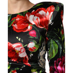 Dolce & Gabbana Black Floral Fiori Pittorici Bodycon Dress with bold multicolor prints, long sleeves, fitted silhouette.