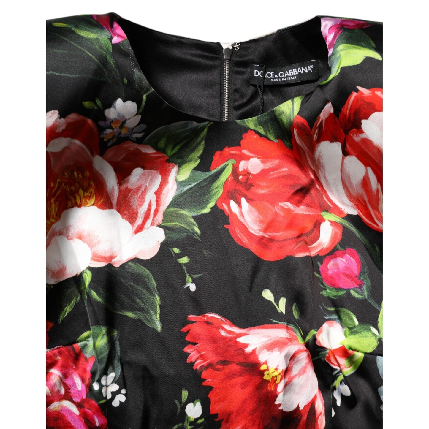 Dolce & Gabbana Black Floral Fiori Pittorici Bodycon Dress with multicolor floral print on black fabric, close-up view.