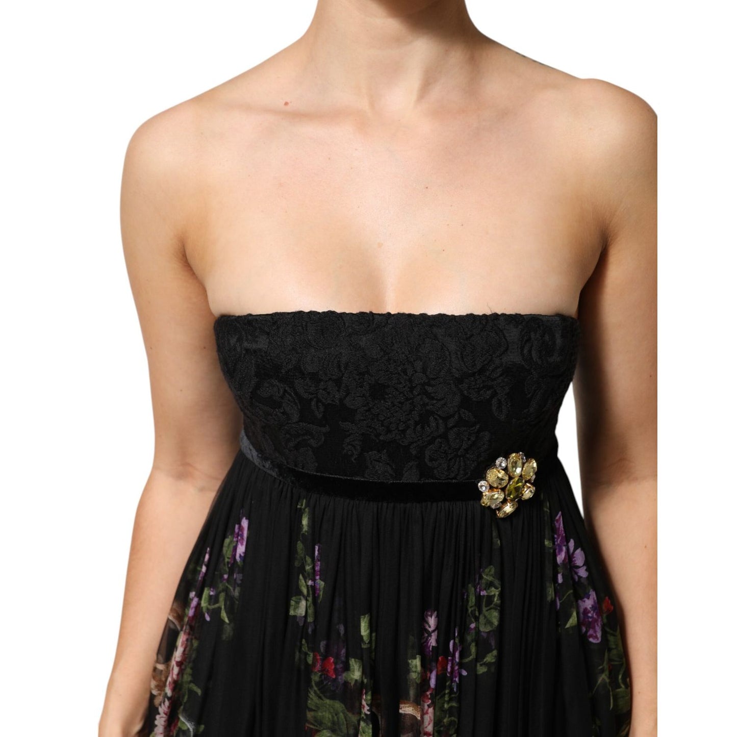 Dolce & Gabbana Black Floral Key Print Crystal Strapless Dress with lace bodice and crystal brooch, front view.