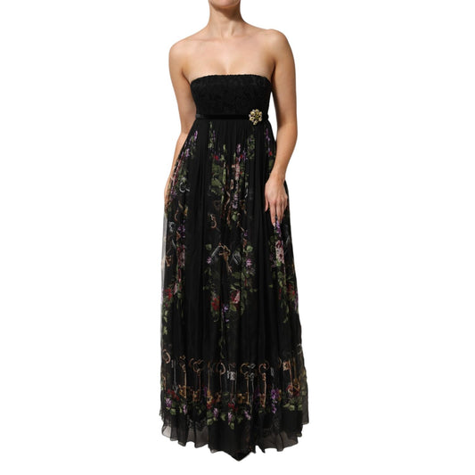Dolce & Gabbana Black Floral Key Print Crystal Strapless Dress with lace bodice and chiffon skirt, featuring crystal brooch detailing.