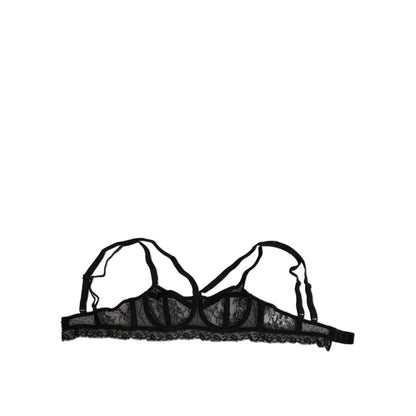 Dolce & Gabbana Black Floral Lace Nylon Balconcino Bra Underwear with logo details and hook closure, crafted in Italy.