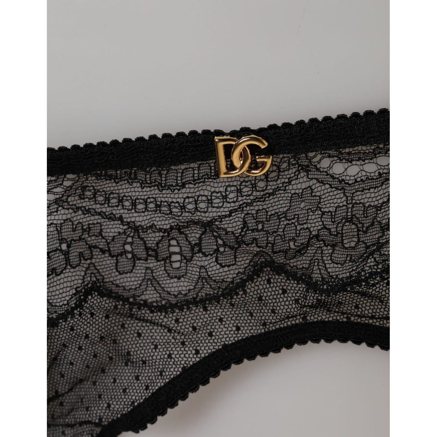 Dolce & Gabbana Black Floral Lace Nylon Strap Garter Underwear with gold logo detail, elegant and sophisticated design.