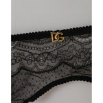 Dolce & Gabbana Black Floral Lace Nylon Strap Garter Underwear with gold logo detail, elegant and sophisticated design.