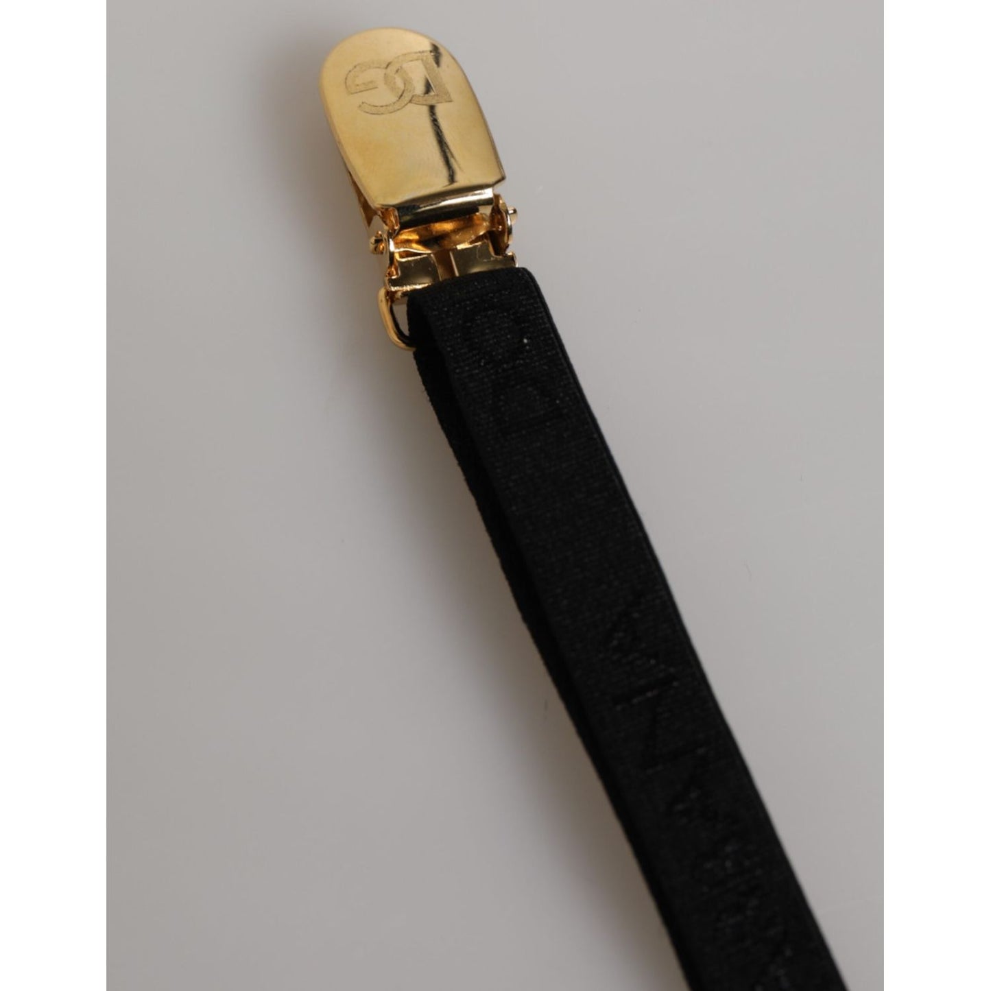 Dolce & Gabbana Black Floral Lace Nylon Strap Garter Underwear with gold clip detail, sophisticated Italian lingerie accessory.