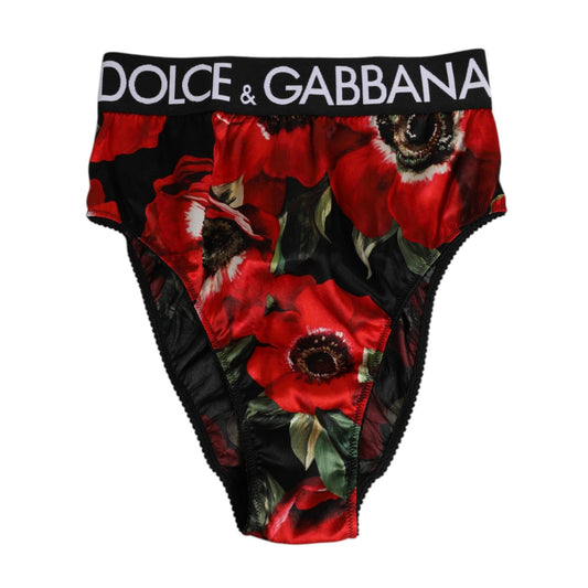 Dolce & Gabbana Black Floral Print High Waist Panty Underwear with red flower design and brand logo waistband.