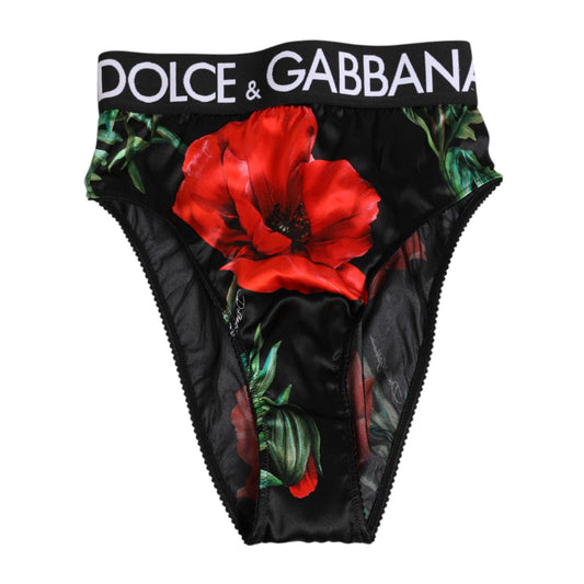 Dolce & Gabbana Black Floral Silk High Waist Panty Underwear with red floral print, luxury fashion, comfortable fit, made in Italy.