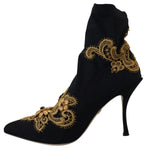 Dolce & Gabbana Black Gold Embroidery Crystal Boots Shoes LA12411-35.5