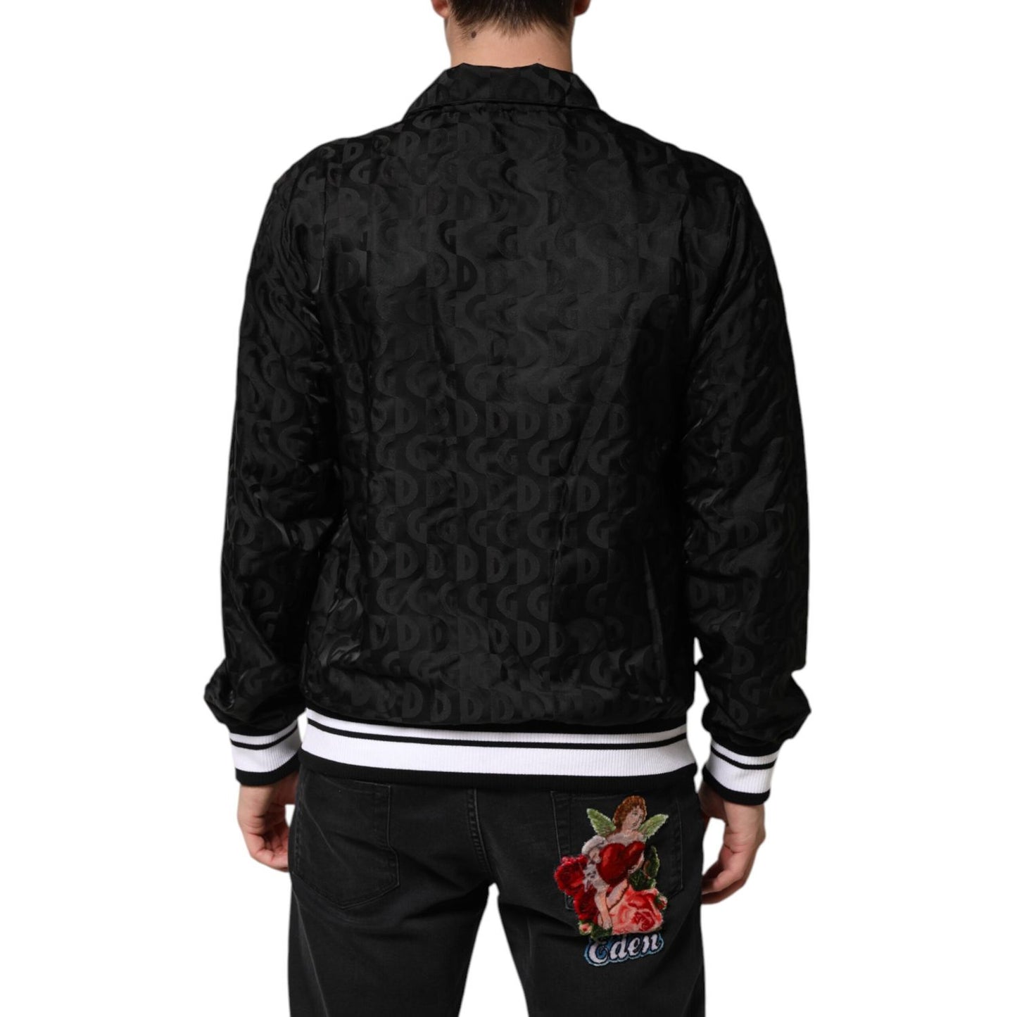Dolce & Gabbana Black Jacquard Men Full Zip Bomber Sweater