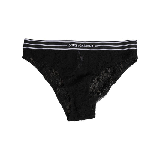 Dolce & Gabbana Black Lace Nylon High Waist Panty Underwear with logo waistband detailing, crafted in Italy for a sophisticated fit.
