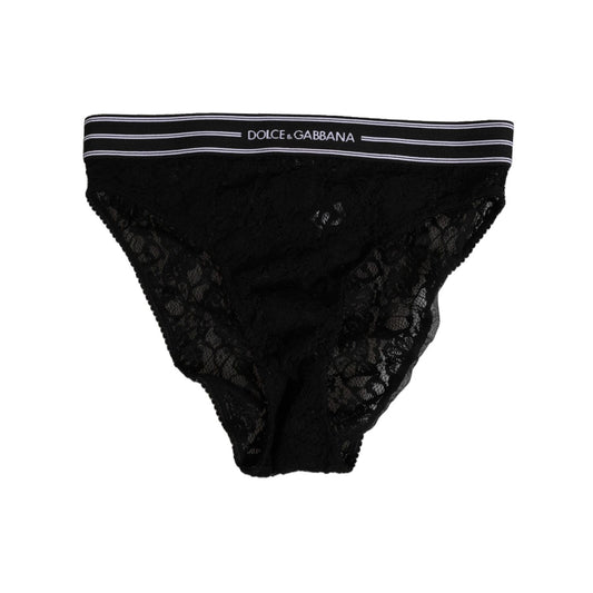 Dolce & Gabbana Black Lace Slip Brief Logo Waistband Underwear with sheer design and logo waistband, made in Italy.