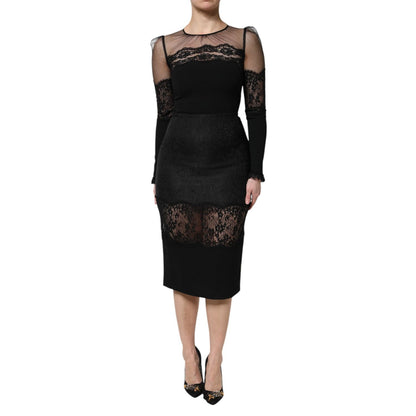 Dolce & Gabbana Black Lace Trim Nylon Tulle Sheath Midi Dress