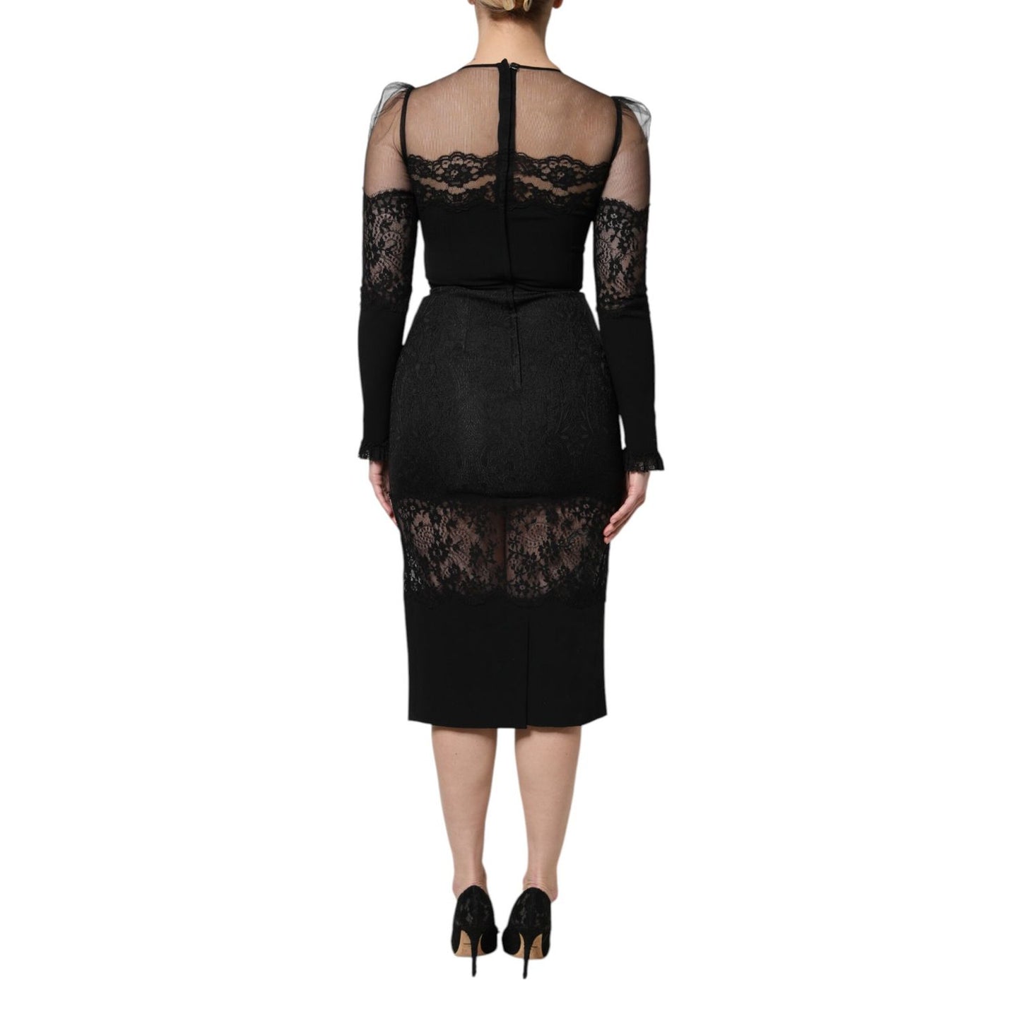 Dolce & Gabbana Black Lace Trim Nylon Tulle SheathMidi Dress