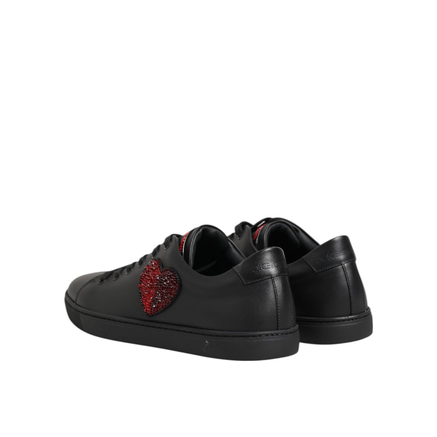 Dolce & Gabbana Black Leather Crystal Heart Low Top Sneakers Shoes