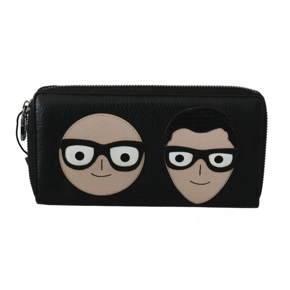 Dolce & Gabbana Black Leather #DGFAMILY Zipper Continental Mens Wallet with graphic faces on front
