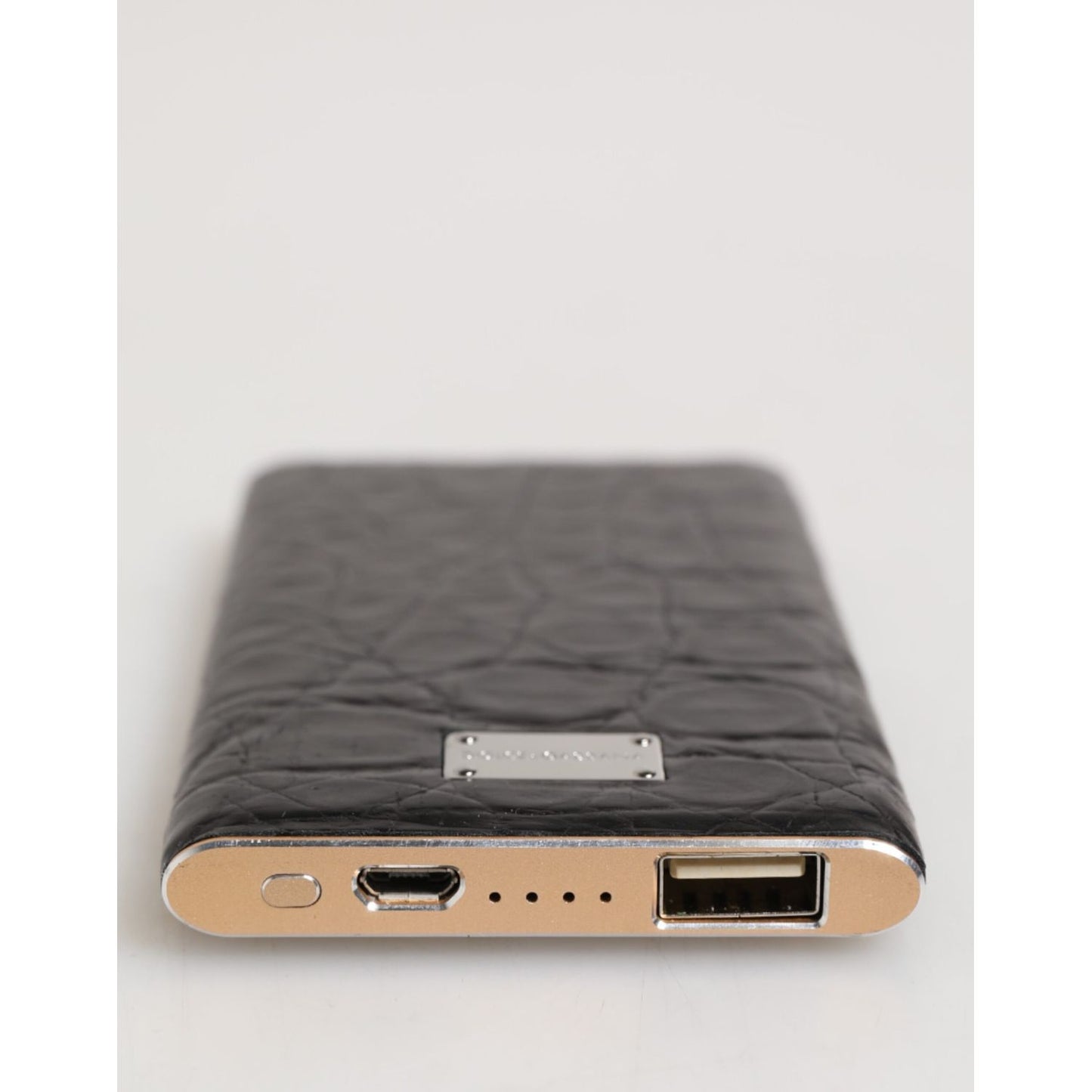 Dolce & Gabbana Black Leather Embossed Skin 3000mAh Power Bank Charger USB with exotic textured design and USB output port.