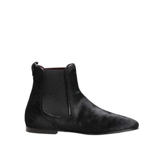 Dolce & Gabbana Black Leather Fur Men CHELSEA Boots Shoes, elegant design with plush lining and elastic side panels.