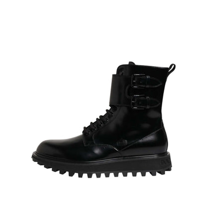 Dolce & Gabbana Black Leather Lace Up Mid Calf Boots Shoes with buckle detail, made in Italy.