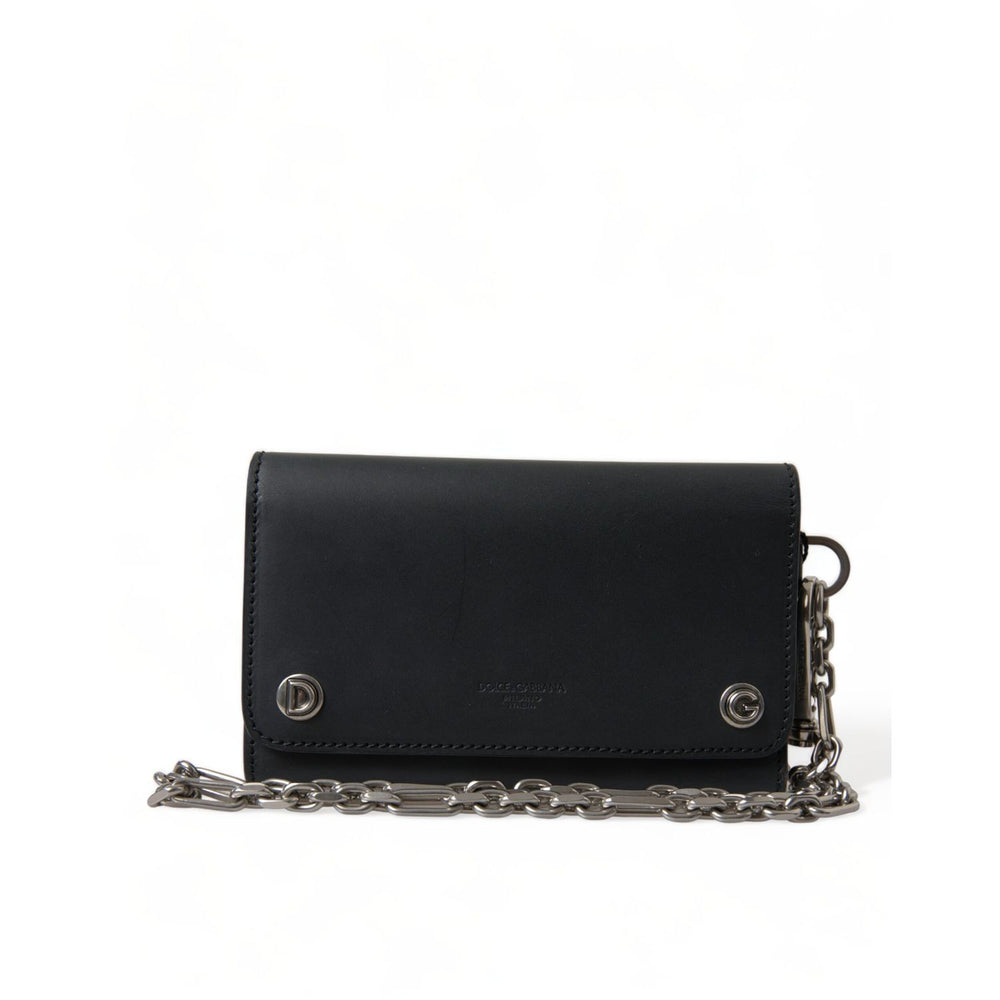 Alt Tag: Dolce & Gabbana Black Leather Logo Embossed Mini Bifold Wallet Borse Bag with chain, showcasing sleek and luxurious design.