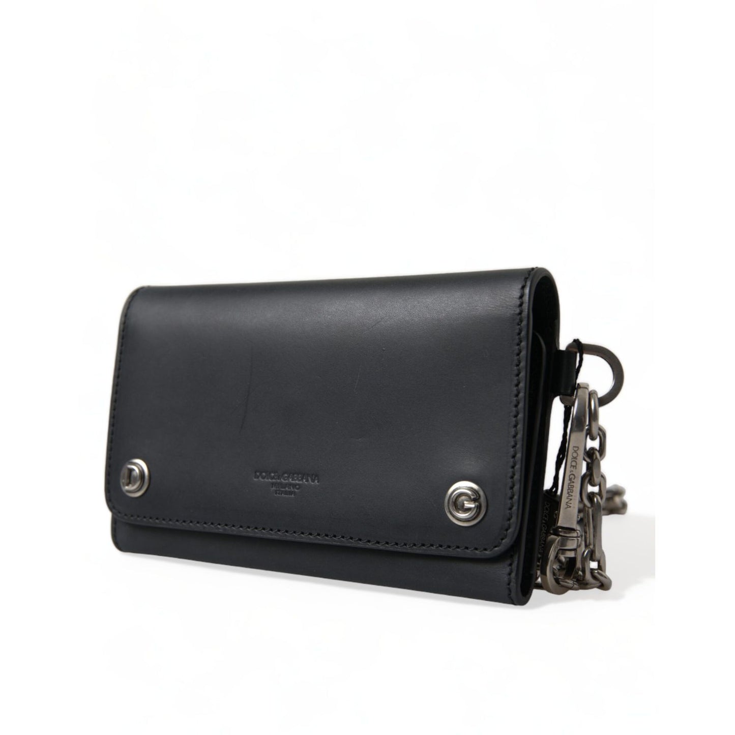 Dolce & Gabbana Black Leather Logo Embossed Mini Bifold Wallet Borse Bag with embossed logo and adjustable strap.