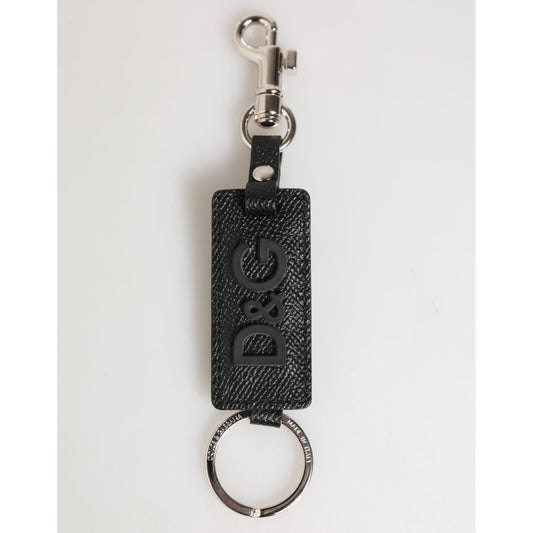 Dolce & Gabbana Black Leather Logo Metal Ring Keychain Holder Keyring with silver detailing and logo-engraved metal for men.