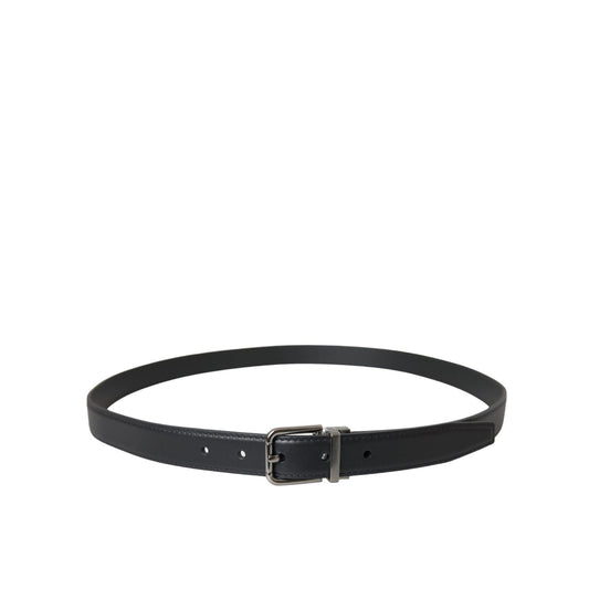 Dolce & Gabbana Black Leather Silver Metal Buckle Men Belt with logo detail, made in Italy, 100% leather, elegant design for men.