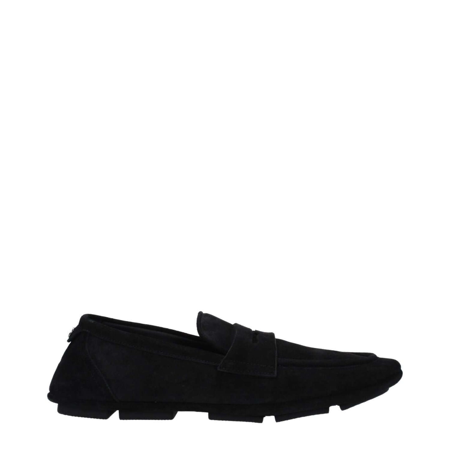 Dolce & Gabbana Black Leather Slip-On Loafers with rubber sole and round toe, featuring a back logo in black suede.